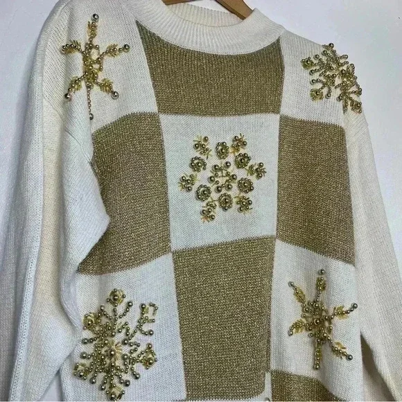 Lew Magrum VINTAGE gold and cream, gold beaded snowflake Christmas sweater SZ-L - Picture 11 of 11
